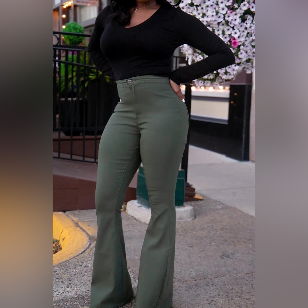 Olive Green High Waisted Flare Jeans